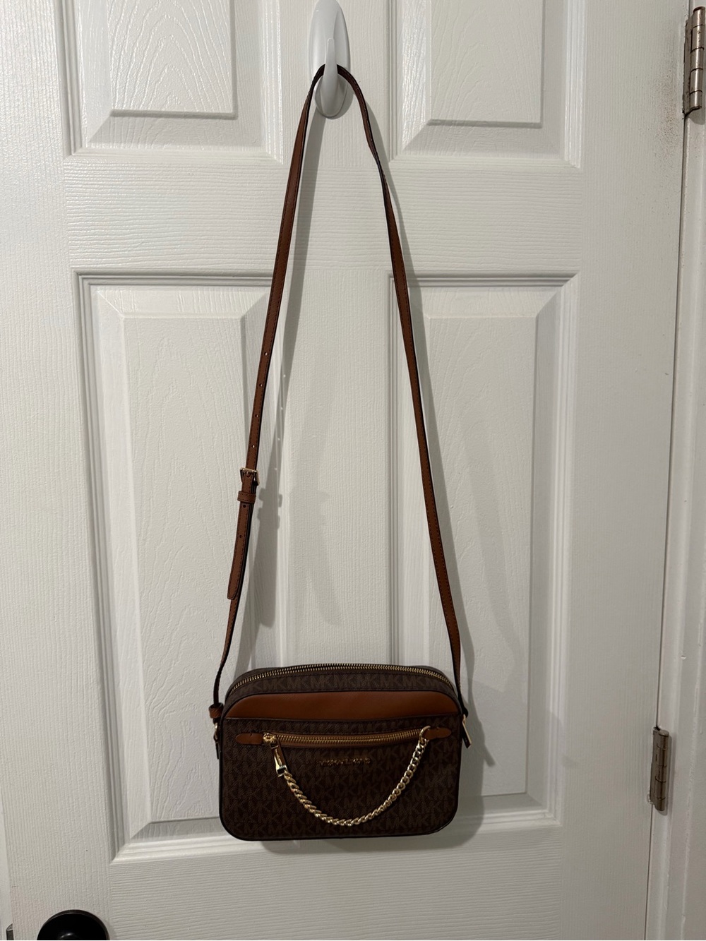 Michael Kors Brown Logo Crossbody with Gold Chain Accent